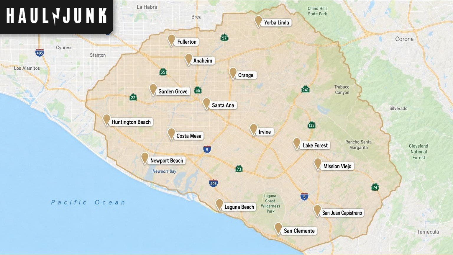 HaulNJunk service area map across Orange County